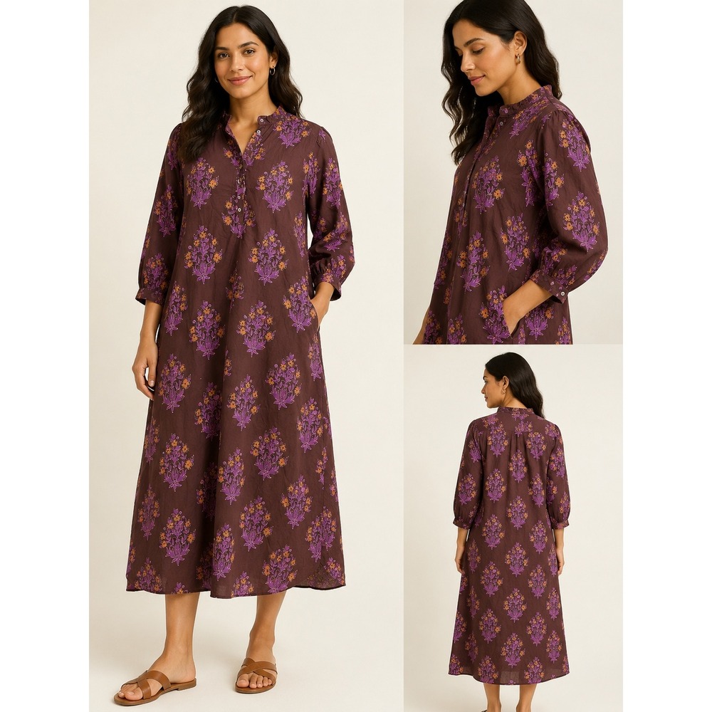 Entro Glinda Dress Brown Purple Floral Block Print Midi Ruffle Henley Large NEW - Picture 1 of 15